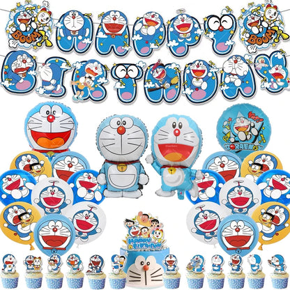 Doraemoned Balloons Cartoon Blue Jingle Cat Party Decoration Supplies Happy Birthday Banner Disposable Tableware Kid Cake Topper