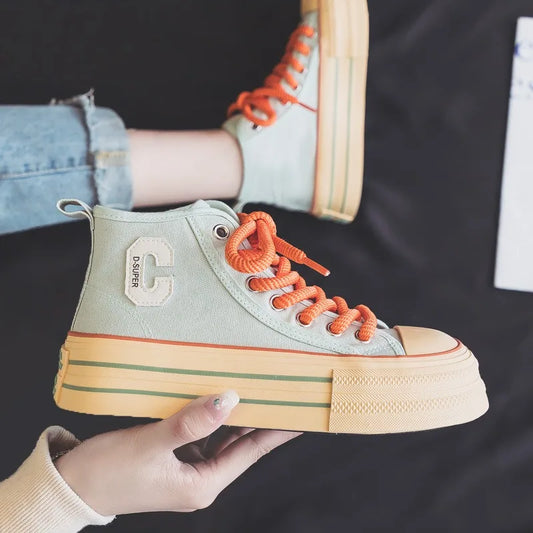 2026 Summer Women's Sneakers New Canvas Lace-Up Women's Sports Shoes Breathable Platform Sneakers Shoes White Casual Women Shoes