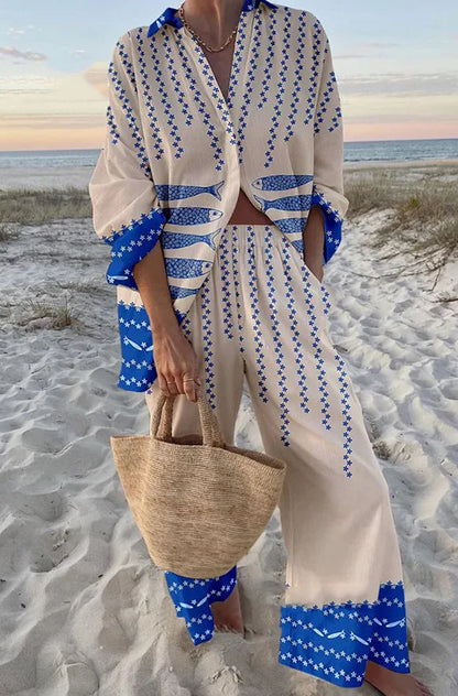 Fashion Print Beach Holiday 2-Piece Set Women Spring Summer Long Sleeve Shirt Top + Wide Legs Women's Oversized Two-Piece Outfit