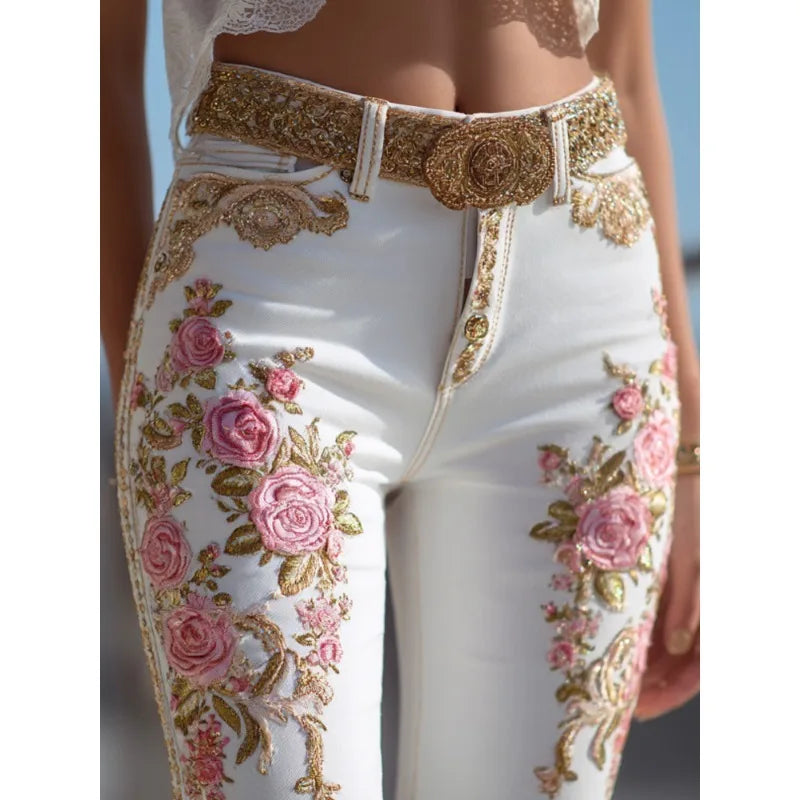 Fashion Womens Floral Print Jeans Straight Leg Casual Denim Pants 3D Design