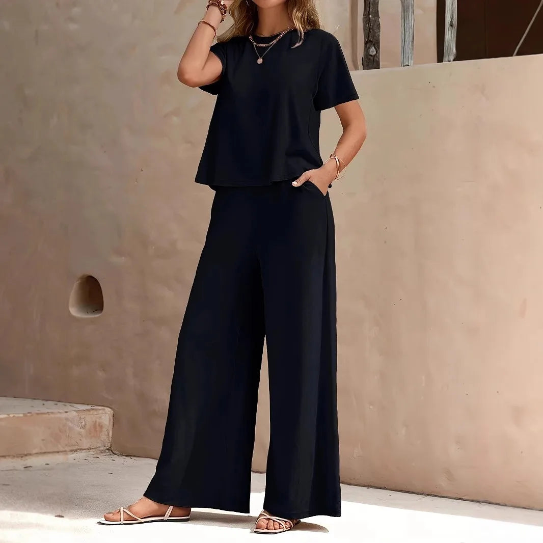 2026 New Solid Green Women Loungewear Set Round Neck Crop Short Sleeve Top Elastic Waist Wide Leg Pants Casual Two Piece Pajamas