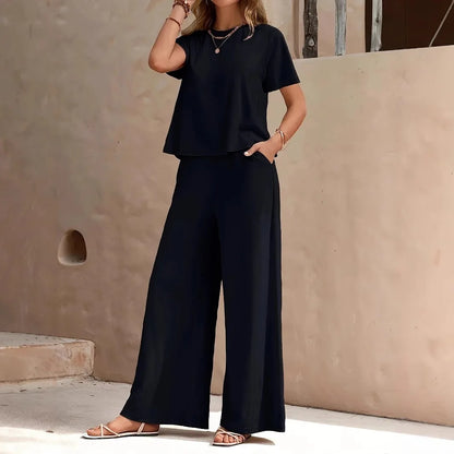 2026 New Solid Green Women Loungewear Set Round Neck Crop Short Sleeve Top Elastic Waist Wide Leg Pants Casual Two Piece Pajamas