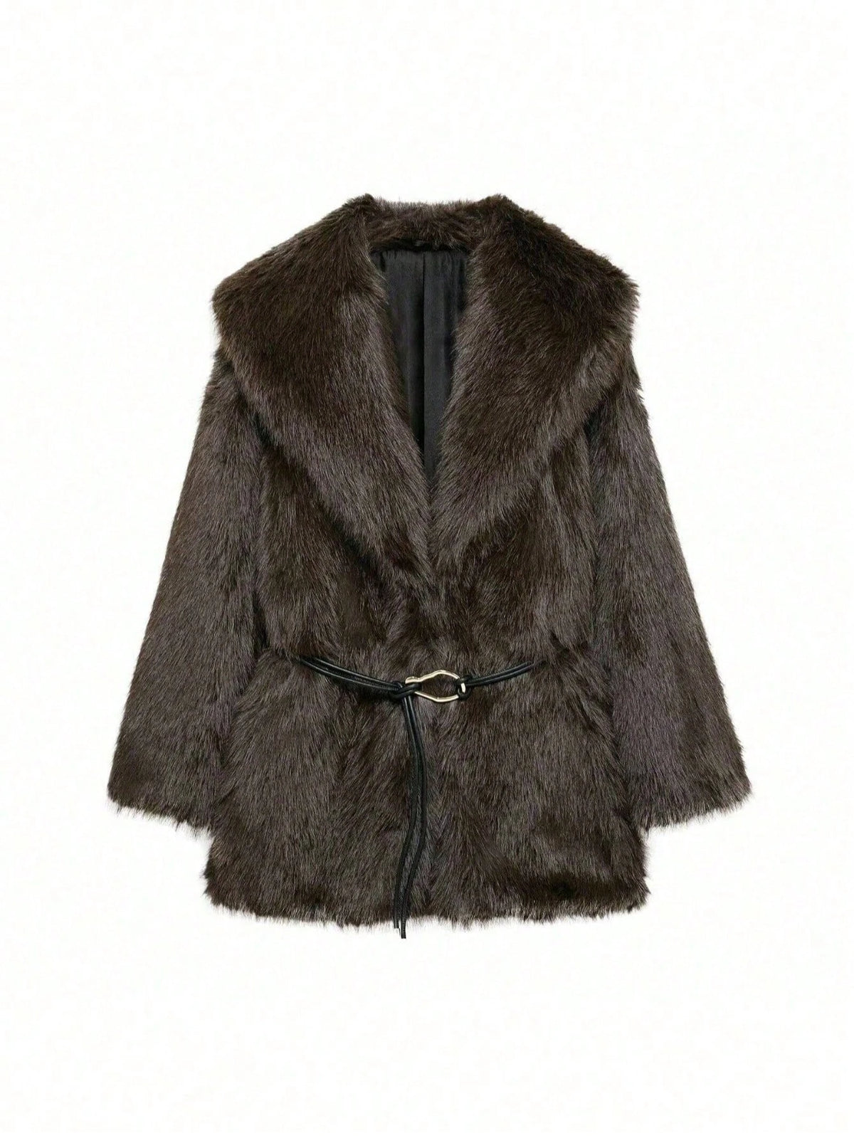 IG Women Large Lapel Belted Waist Faux Fur Mid-Length Coat, Long Sleeve Winter Warm Elegant Fluffy Outerwear