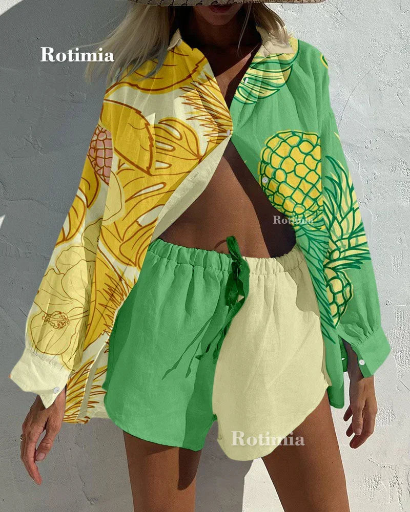 Summer Fashion Print Beach Holiday 2-Piece Set Women Long Sleeve Shirt Top+Wide Legs Short Women Oversized Two-Piece Outfit