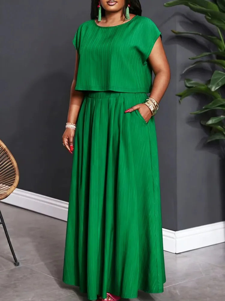 L-4XL Plus Size Women's Clothing 2 Piece Sets New Arrival Matching Two Pieces Sets Green Top And Skirt Suits Outfits Clothing