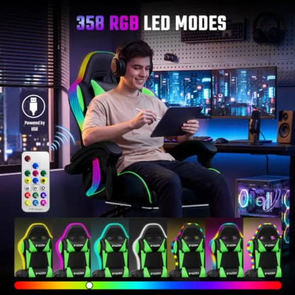 RGB gaming chair with footrest and lumbar massage for adult/kid, green fabric, ergonomic support and adjustable comfort