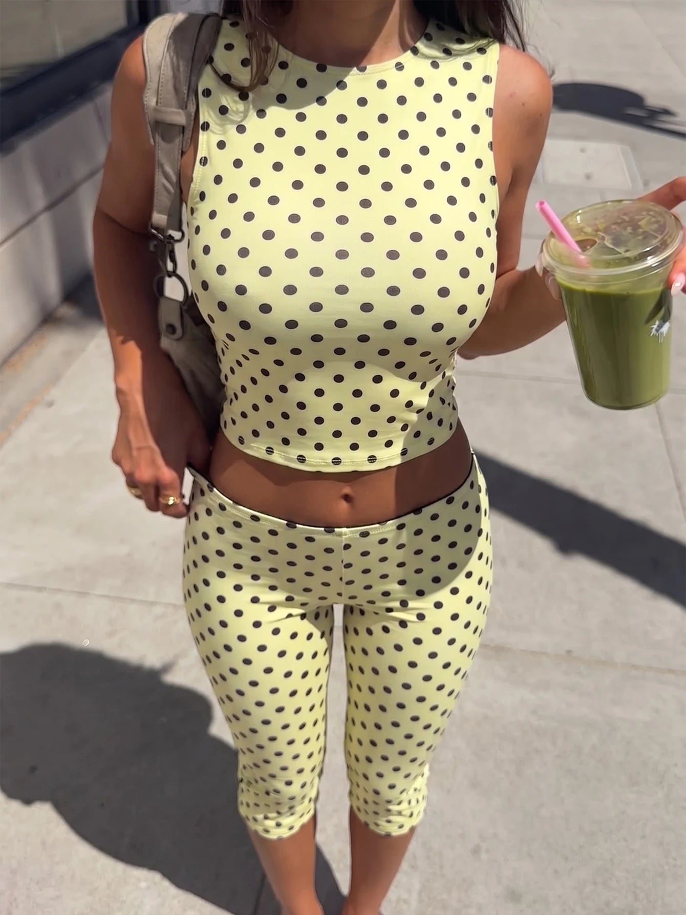 Dulzura Polka Dot Casual Sports 2 Piece Long Pants Set Backless Tank Top Slim Fit Long Pants Matching Set Vacation Street Outfit