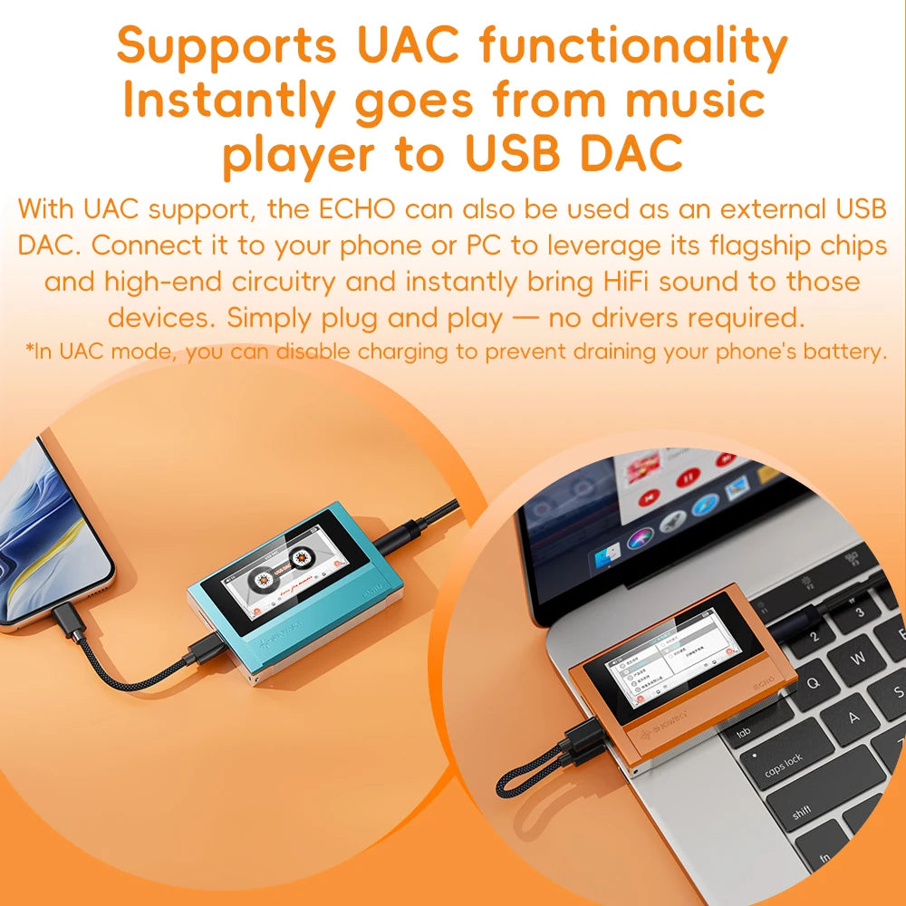 FiiO ECHO 4GB Portable Hi-Res Audio Music Player Dual DAC Bluetooth Music Player 3.5mm + 4.4mm Balanced Output Color Screen