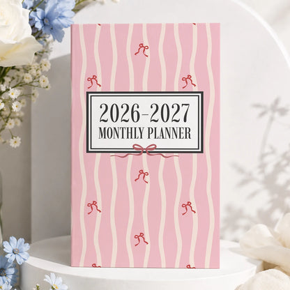 1PC A6 2026-2027 Monthly Planner Notebook, July 2026-June 2027, Pink Bow Soft Cover, Monthly View with Notes