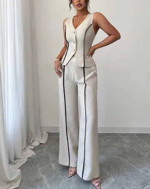 Two Piece Set Women Outfit 2026 Spring Summer New Contrasting V-Neck Sleeveless Single-Breasted Vest & Casual Straight Pants Set
