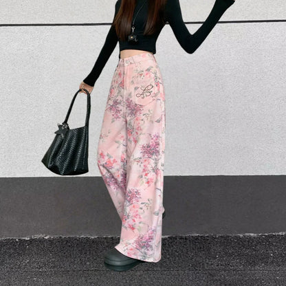 2025 Trend Y2K Style Flowers Printed Pink Baggy Women's Jeans Pants Woman Clothing Korean Casual Cotton Long Trousers Ropa Mujer