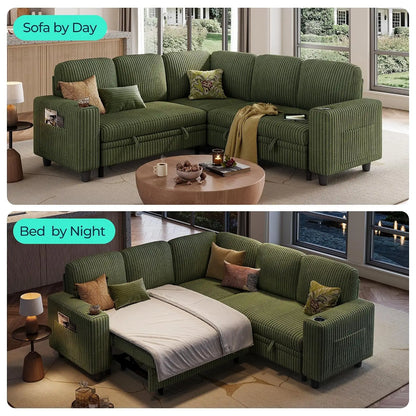 Sectional Couches for Living Room, 81" L Shape 5 Seats, Green | Sleeper sofa with pull out couch bed, corduroy, Customized