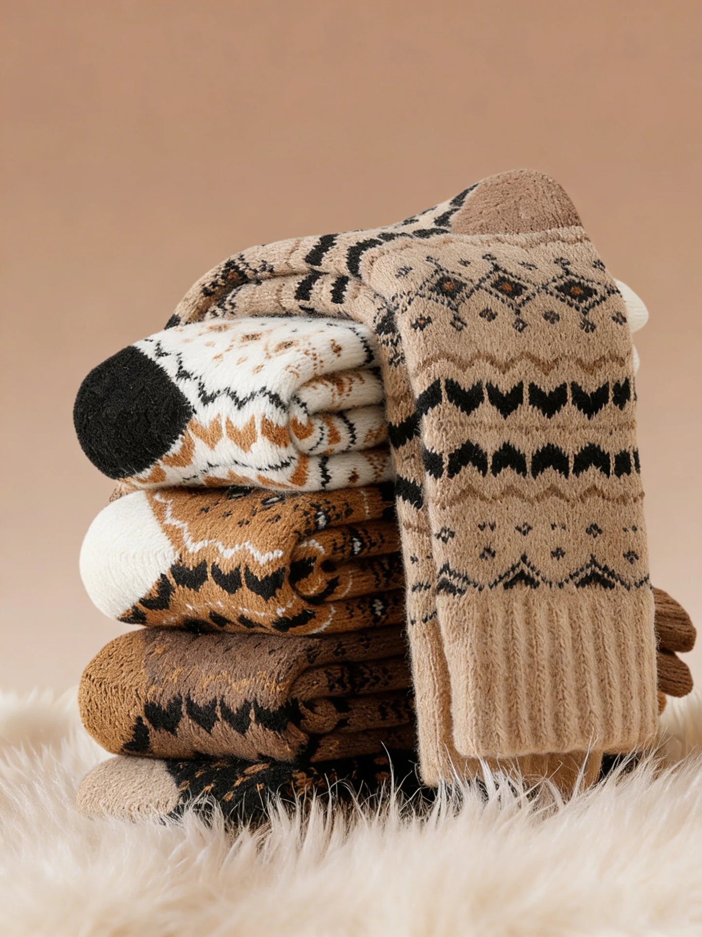 1/5 Pairs Autumn/Winter Retro Pattern Women Round Neck Socks Warm Comfortable Ethnic Style Outdoor Fashionable Casual Socks