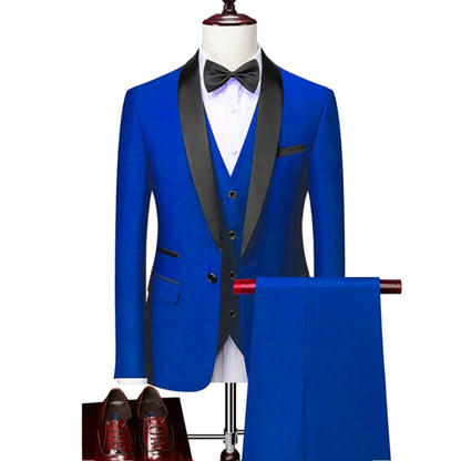US Size Men Lapel Black Collar 3 Pcs Suit Set Coat Vest Trousers / Business Groom Wedding Dress Fprmal Blazer Pants Waistcoat