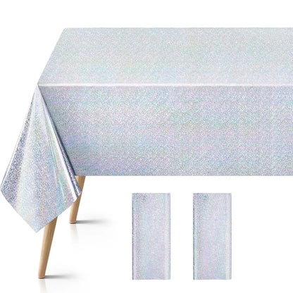 Shiny Silver Tableware Set Metallic Paper Plates Cups Holographic Tablecloth For Adult Birthday Wedding Party Decorations