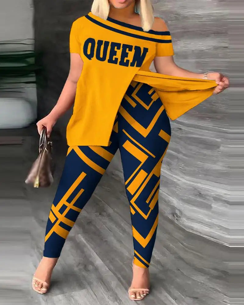 Womens Two Peice Sets Summer Fashion Print Short Sleeve Suit Set Femme Casual Sporty 2Pce One-Shoulder Split Hem Tops &Pants Set