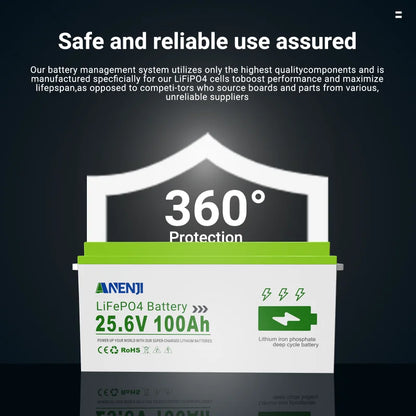 ANENJI 24V 12V 100Ah LiFePO4 Solar Battery Lithium Battery Pack Built-in BMS Grade A Cells 6000+ Cycle For Home Energy Storage