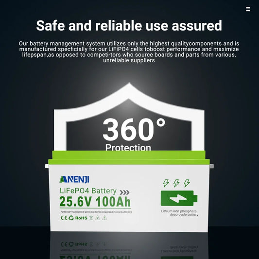 ANENJI 24V 12V 100Ah LiFePO4 Solar Battery Lithium Battery Pack Built-in BMS Grade A Cells 6000+ Cycle For Home Energy Storage