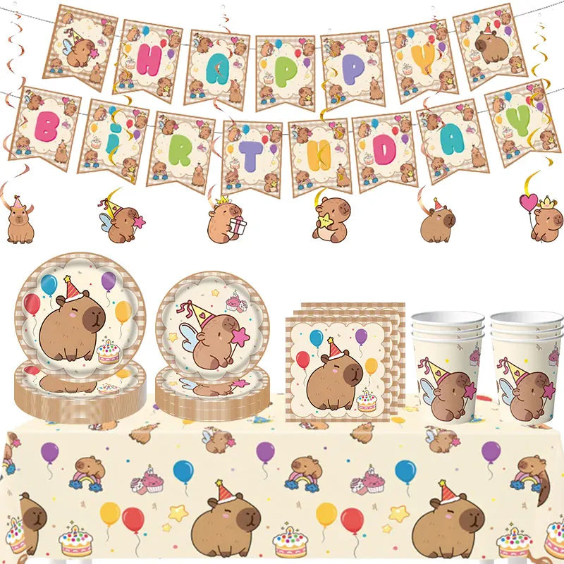 Capybara Decoration Birthday Party Favors Tableware Set Cup Plate Balloons Gift Bags Happy Banner Cake Topper Supplies for Girls