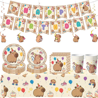 Capybara Decoration Birthday Party Favors Tableware Set Cup Plate Balloons Gift Bags Happy Banner Cake Topper Supplies for Girls