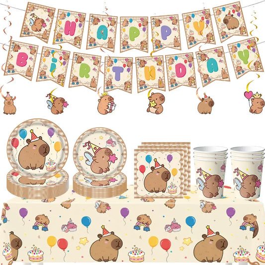 Capybara Decoration Birthday Party Favors Tableware Set Cup Plate Balloons Gift Bags Happy Banner Cake Topper Supplies for Girls