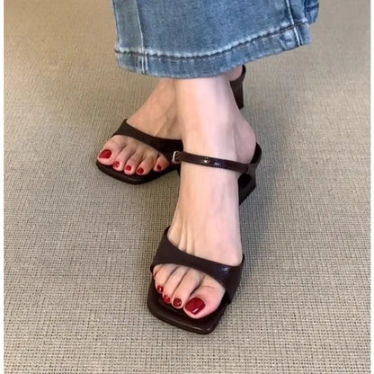 Women's Shoes 2025 New Concise Buckle Strap Square Heel Women's Slippers Fashion Peep Toe Versatile Large Size Modern Slippers
