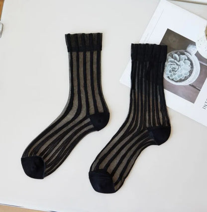 Transparent Crystal Silk Socks Women Fashion Ultra-thin Summer Harajuku Crew Socks Flower Streetwear Elastic Long Mesh Socks