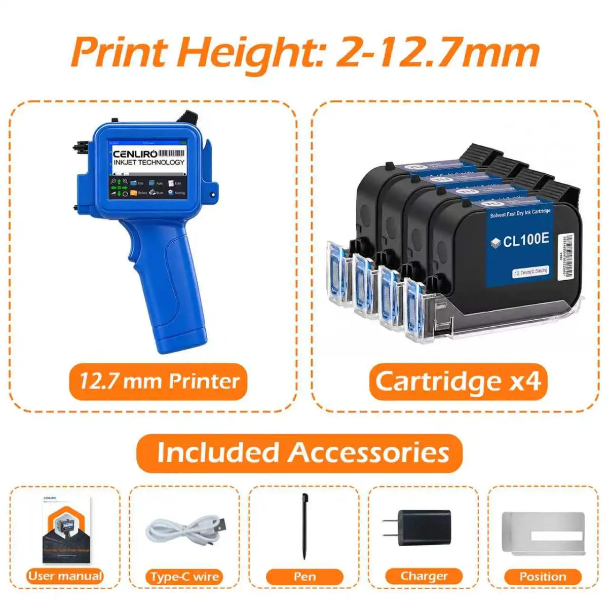 Cenliro Mini Handheld Inkjet Printer CL11P with Black Fast-drying Ink Cartridge for Date Batch Number Logo Code On Any Surfaces