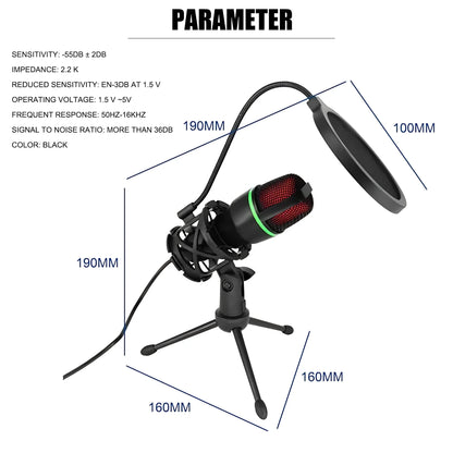 Professional Condenser Microphone Kit with Tripod Stand and RGB Lighting for Gaming and Streaming USB Microphone for YouTube Podcasts Video Studio Recording on PC Laptop Mac Desktop with Mute Button and Built in Voice Changer