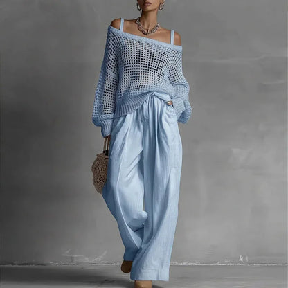Off Shoulder Hollow Knit Womens 2 Piece Set Long Sleeve High Waist Wide Leg Pants Outfit Casual Loose Summer Beach Vacation Suit