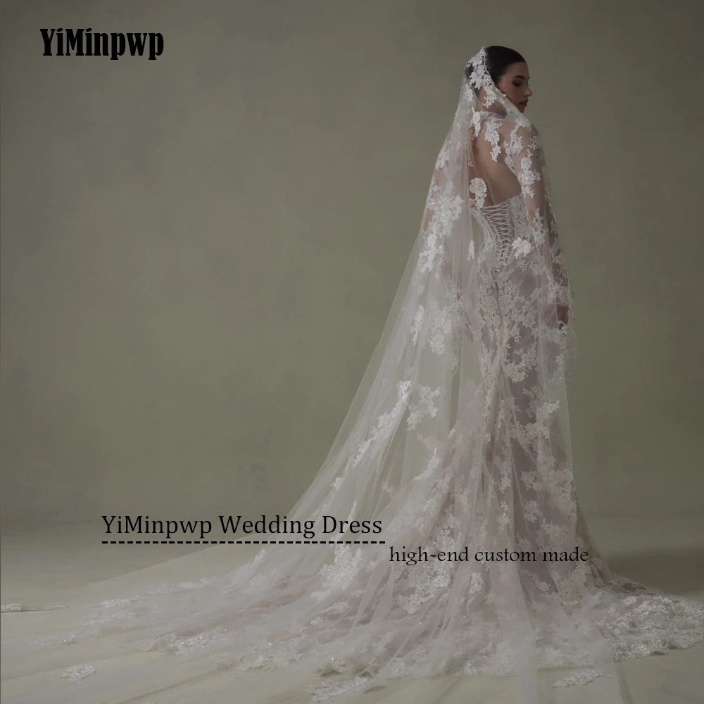 Ivory Lace Mermaid Wedding Dresses for Bride Removable High Neck Long Sleeve Backless Garden Beach Bridal Gown Customized