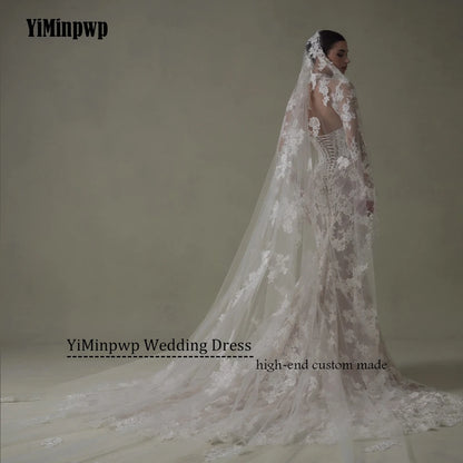 Ivory Lace Mermaid Wedding Dresses for Bride Removable High Neck Long Sleeve Backless Garden Beach Bridal Gown Customized