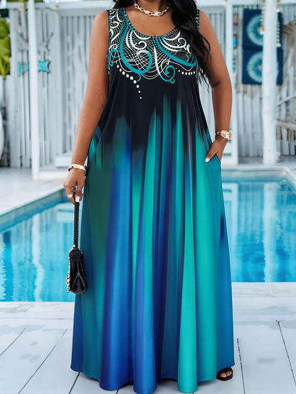 Plus Size Teal Blue Gradient Print Maxi Dress Summer Casual Round Neck Sleeveless Loose Long Sundress With Pocket