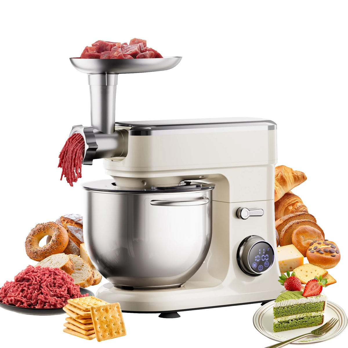 BioloMix 7L Stand Mixer for Baking 1200W DC Motor with Dough Hook Whisk Beater Meat Grinder Attachment - Food Mixer