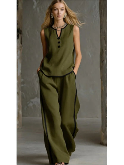 Casual Women Color Blocking Loose Sleeveless Button Vest Elastic Waist Wide-leg Pants Two Peice Set Summer V-Neck Ladies Outfit