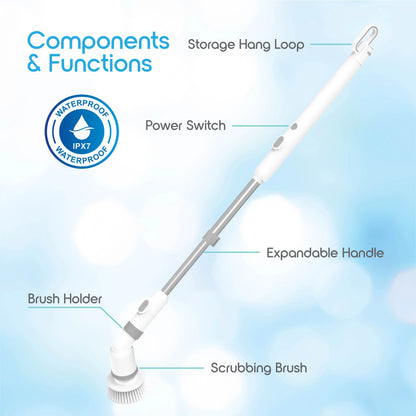 Electric Spin Scrubber Cordless Cleaner 9 Brush Heads Adjustable Handle 2 Speed USB-C Rechargeable IPX7 Waterproof for Bathroom