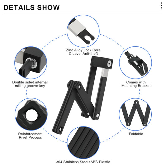 RIDERACE Foldable Bicycle Lock Portable High Security Anti-Theft MTB Bike Scooter Electric E-Bike Road Cycling Chain Locks