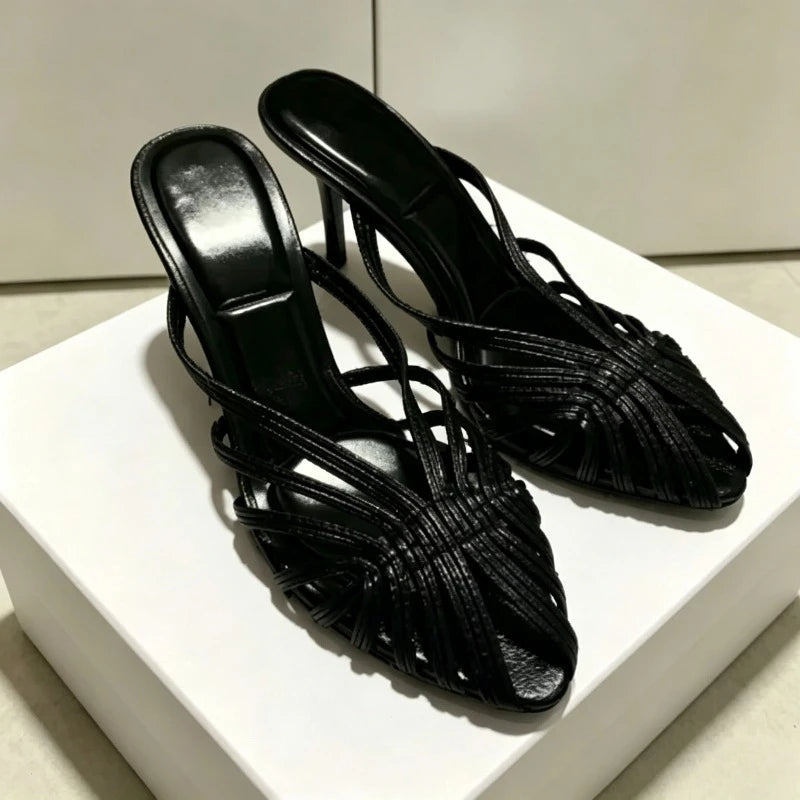 Gold Shiny Luxury Mules Heeled Sandals Women Weave Rome Heels for Ladies Banquet Dress Shoes Fashion Retro Slippers Women Slides