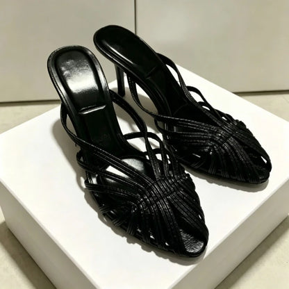 Gold Shiny Luxury Mules Heeled Sandals Women Weave Rome Heels for Ladies Banquet Dress Shoes Fashion Retro Slippers Women Slides
