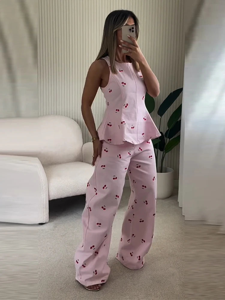 Casual Printed Women's Top Trouser Suits Sleeveless O-Neck Wide Leg Pants Lady Set 2026 Summer Vacation 2 Pieces Set Women New