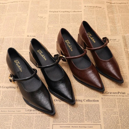 New Designer Vintage Pointed Toe Women Mary Jane Shoes Fashion Shallow Buckle Shoes Ladies Elegant Dress Thick Heel Shoes