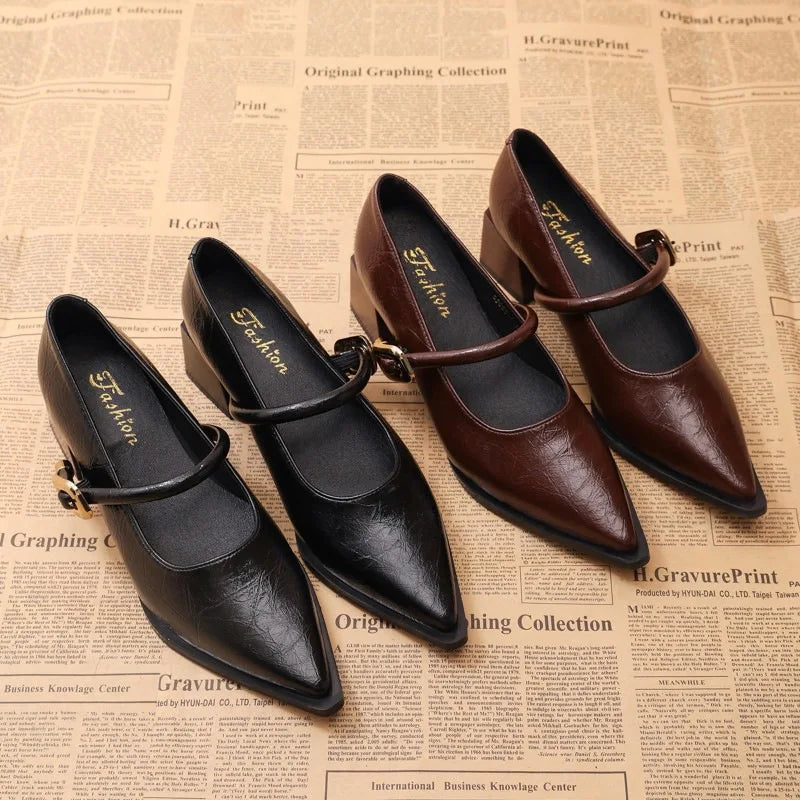 New Designer Vintage Pointed Toe Women Mary Jane Shoes Fashion Shallow Buckle Shoes Ladies Elegant Dress Thick Heel Shoes