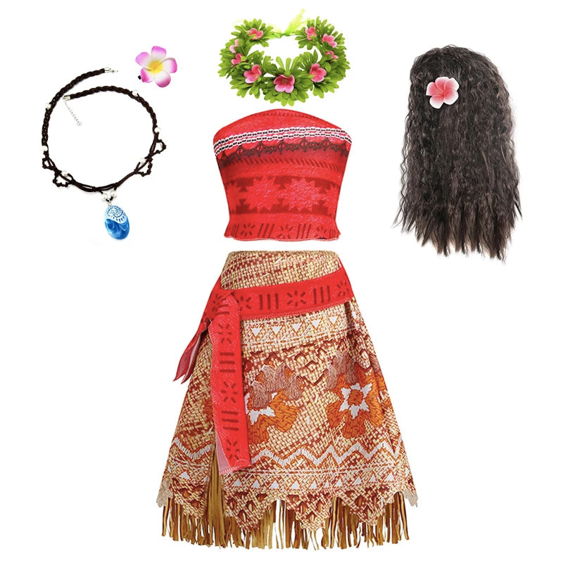 New Movie Moana 2 Dress for Girls Adventure Costume Girl Princess Fancy Clothes Children Vaiana Carnival Party Necklace Pig Set
