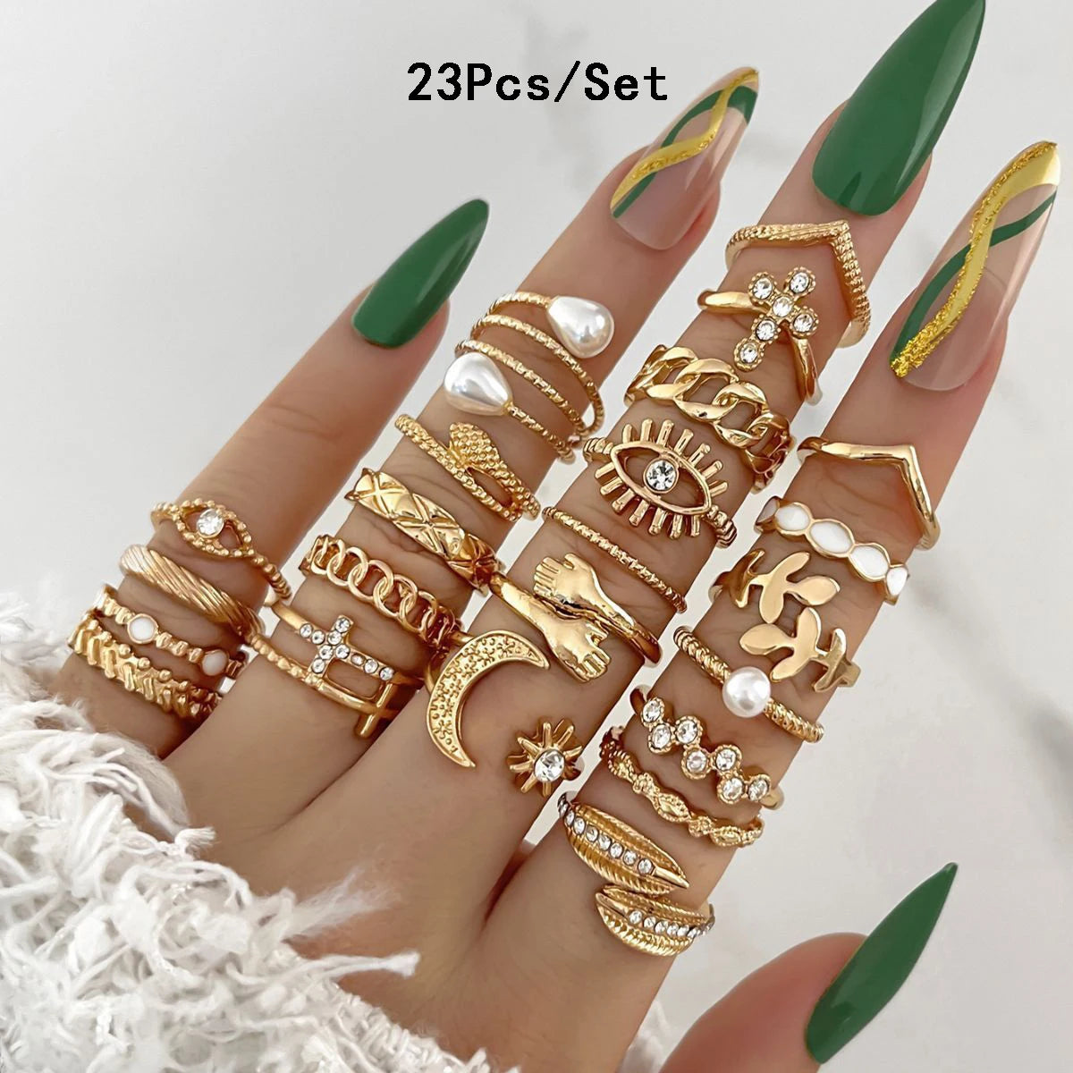 23pcs Fashion Knuckle Rings Set for Women Crystal Star Moon Eye Wave