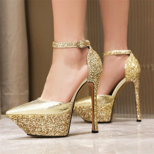 Brand Design Shiny Gold Women's Sandals New Sexy 15cm High Heels