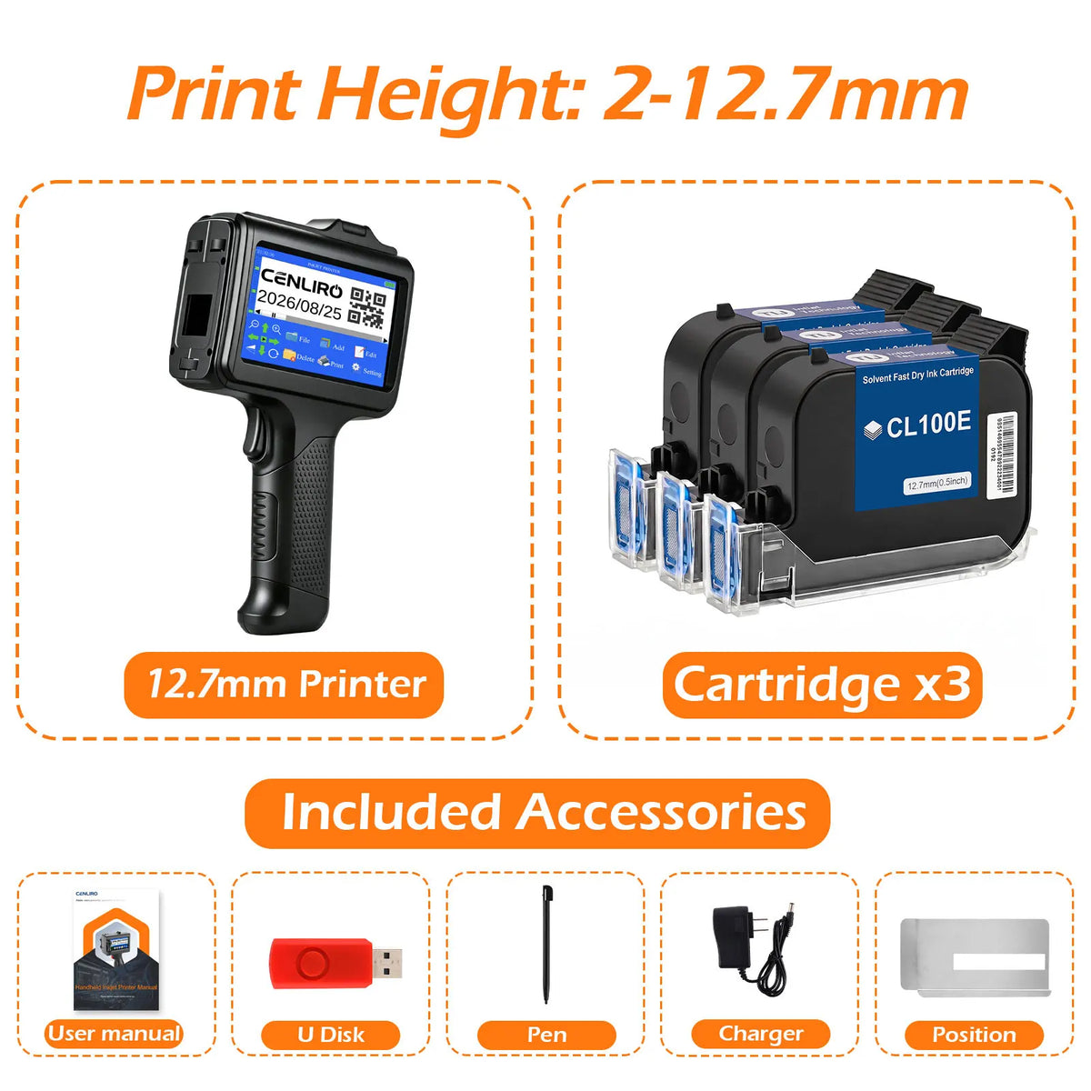 Cenliro Upgrated Handheld Inkjet Printer CL12B with Black Fast-drying Ink Cartridge for Date Batch Number Logo QR Code 600DPI