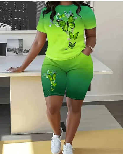 Fashion Casual Women's Shorts Short Sleeve Suit Gradient Letter Print Summer Suit T-shirt + Shorts 2 Pieces Sets 2025
