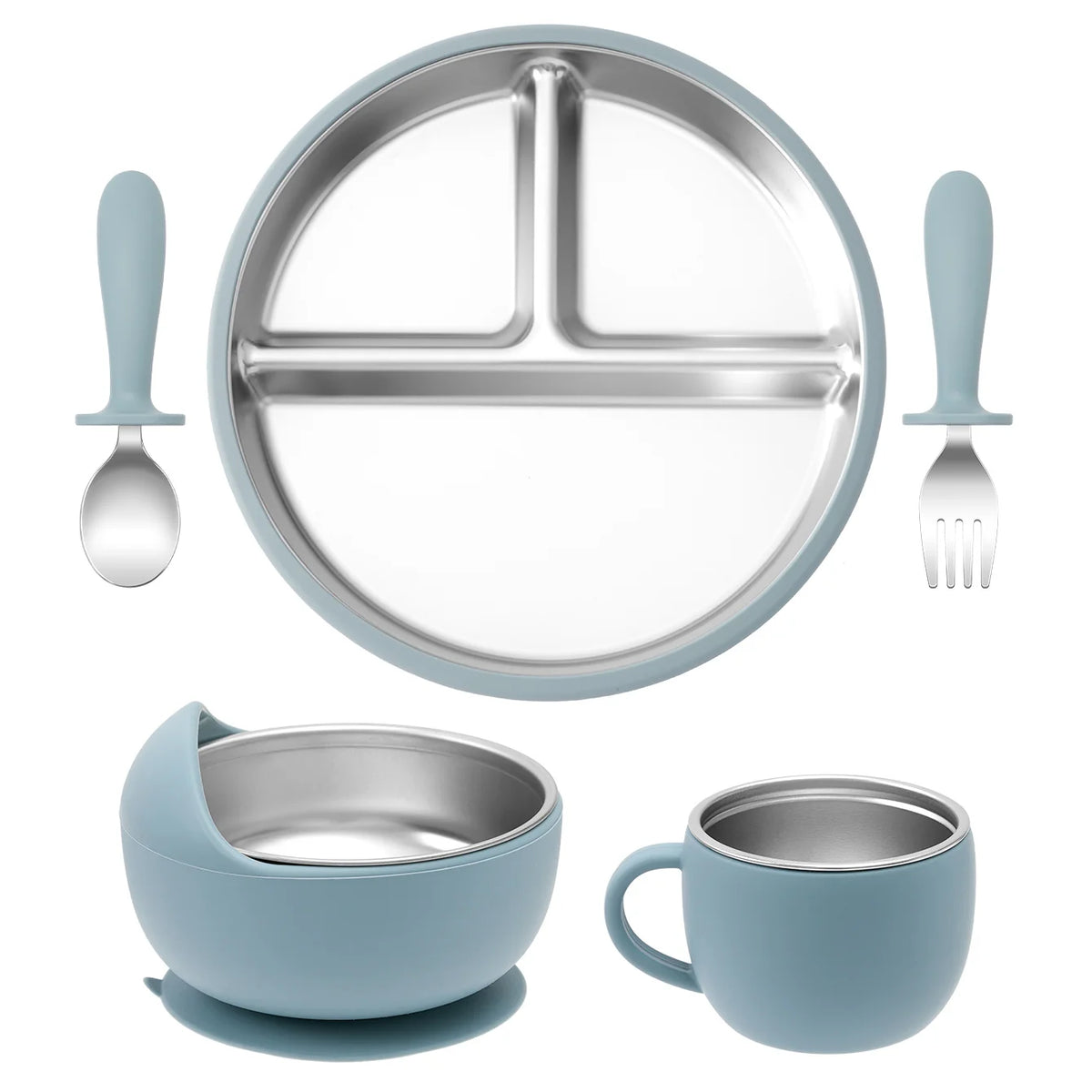 Color Kids 5PCS Baby Feeding Set Stainless Steel Silicone Tableware Sucker Dishes Plate Bowl Training Fork Spoon Infant Cup