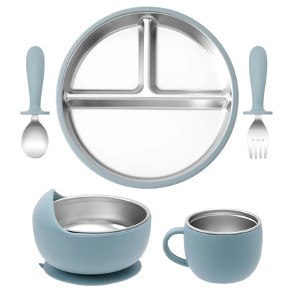 Color Kids 5PCS Baby Feeding Set Stainless Steel Silicone Tableware Sucker Dishes Plate Bowl Training Fork Spoon Infant Cup