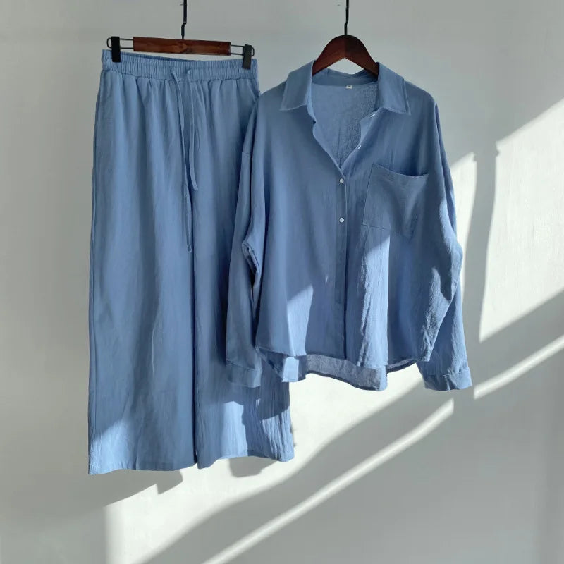 Cotton And Linen Solid Color Pant Sets Women Single-breasted Shirts And Drawstring Loose Wide Legs Trousers Two Piece Set Casual